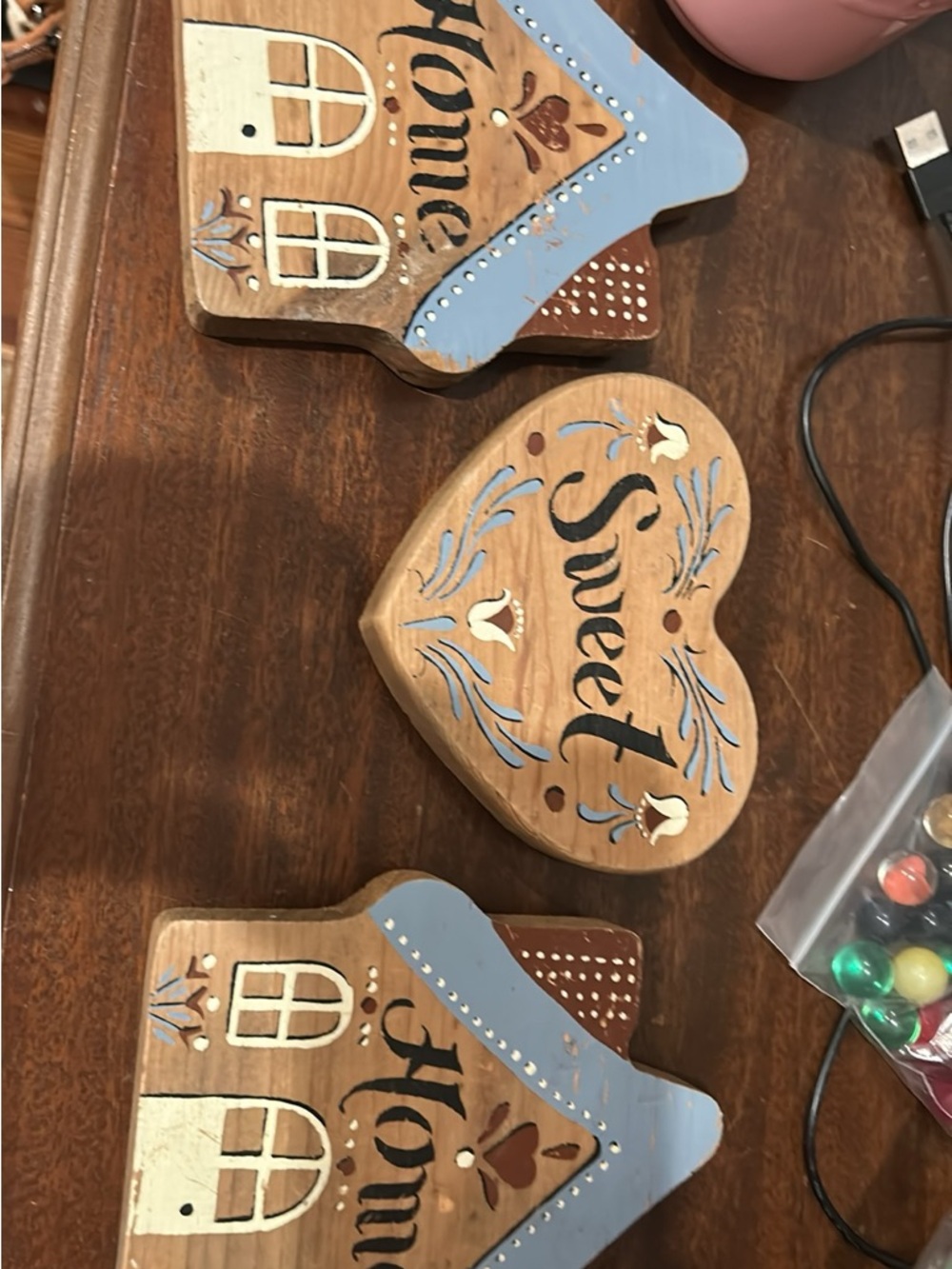 Hand-Painted Wooden Heart & House Wall Decor Set - Blue and Natural Wood